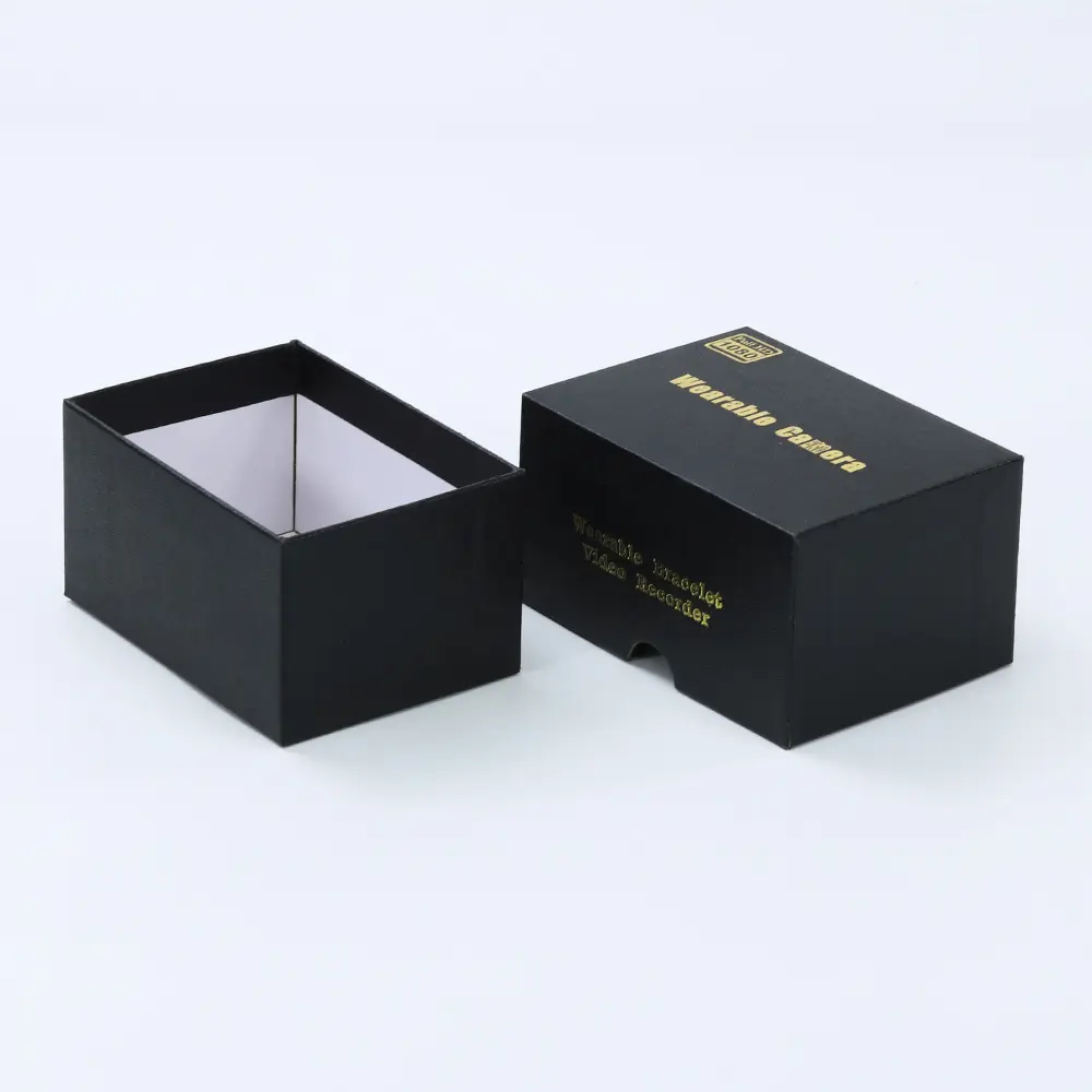 black textured cardboard paper box with gold foil logo