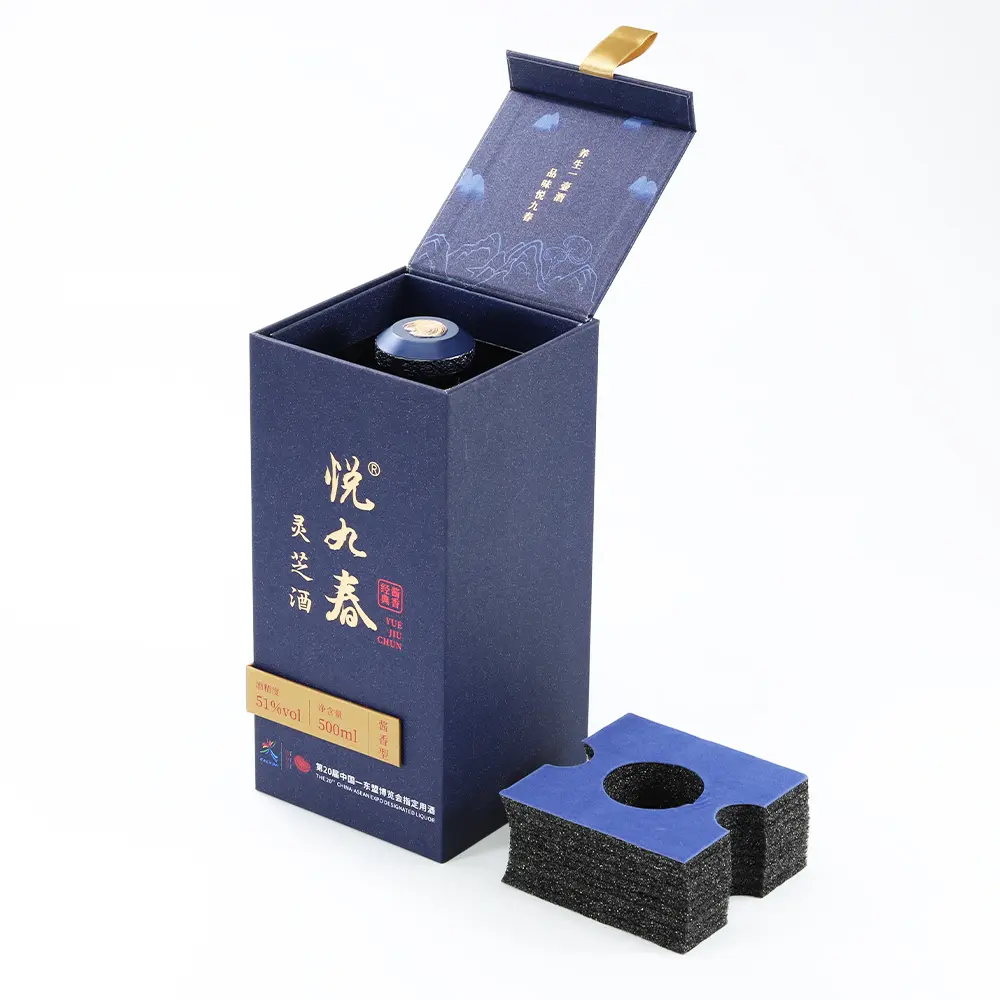 fancy Sponge cutting cardboard rigid paper box with ribbon lid for wine bottle