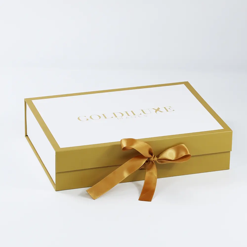 Custom Gold Color Gift Paper Box With Gold Ribbon