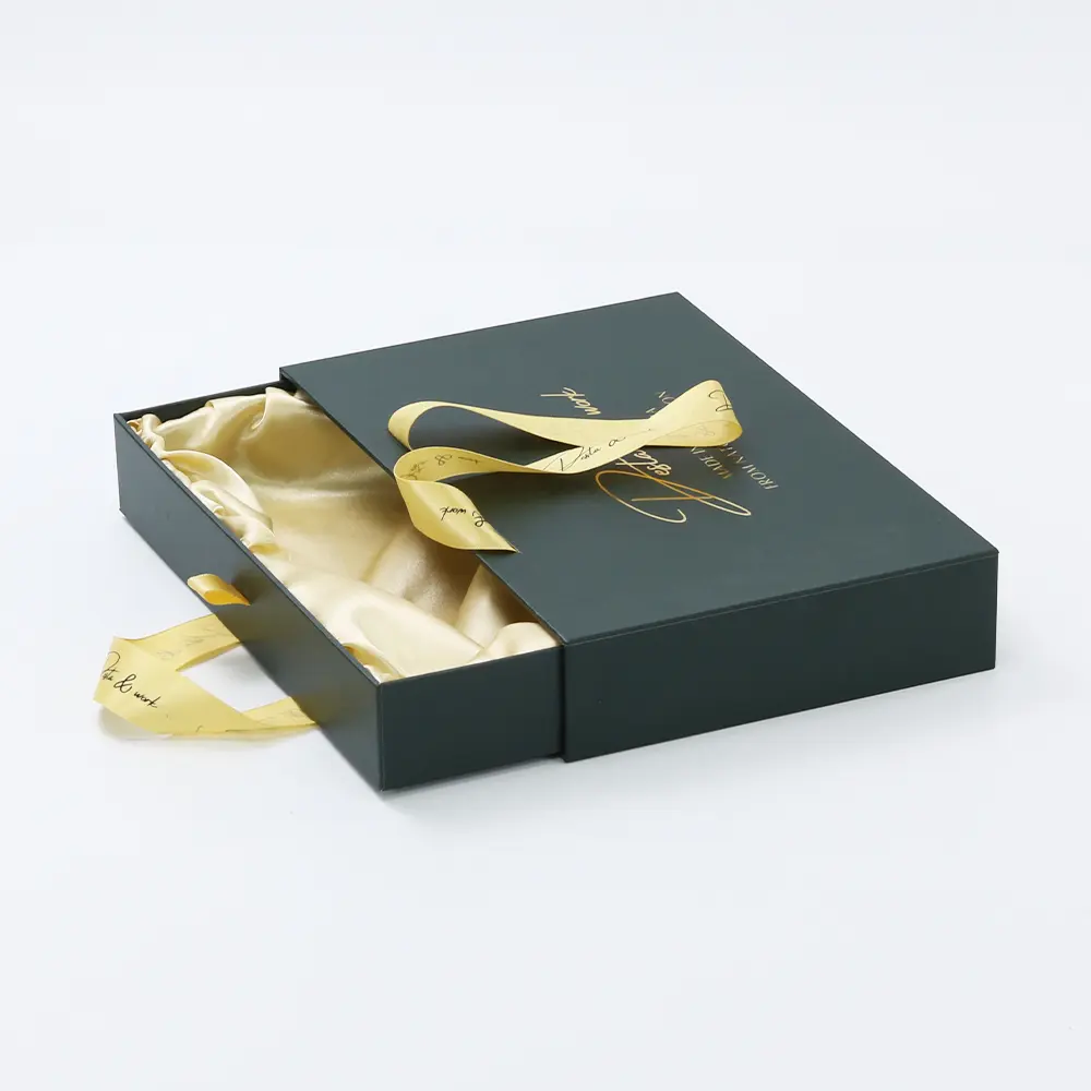 Green Rigid Drawer Silk Lining Paper Box With Ribbon Handle