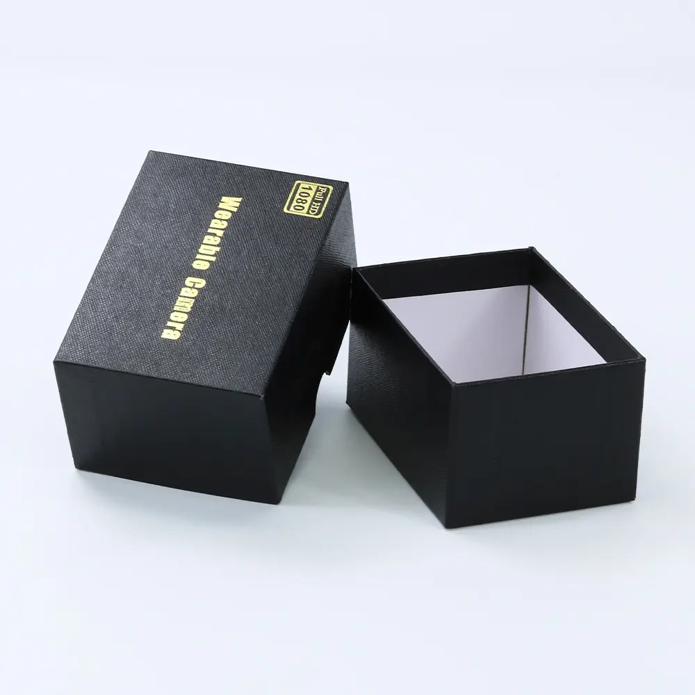 black textured cardboard paper box with gold foil logo