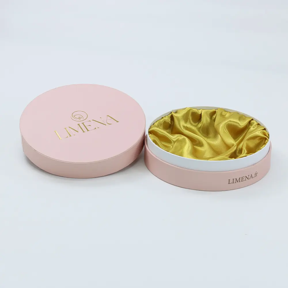 Custom rigid round paper box packaging with gold foil logo