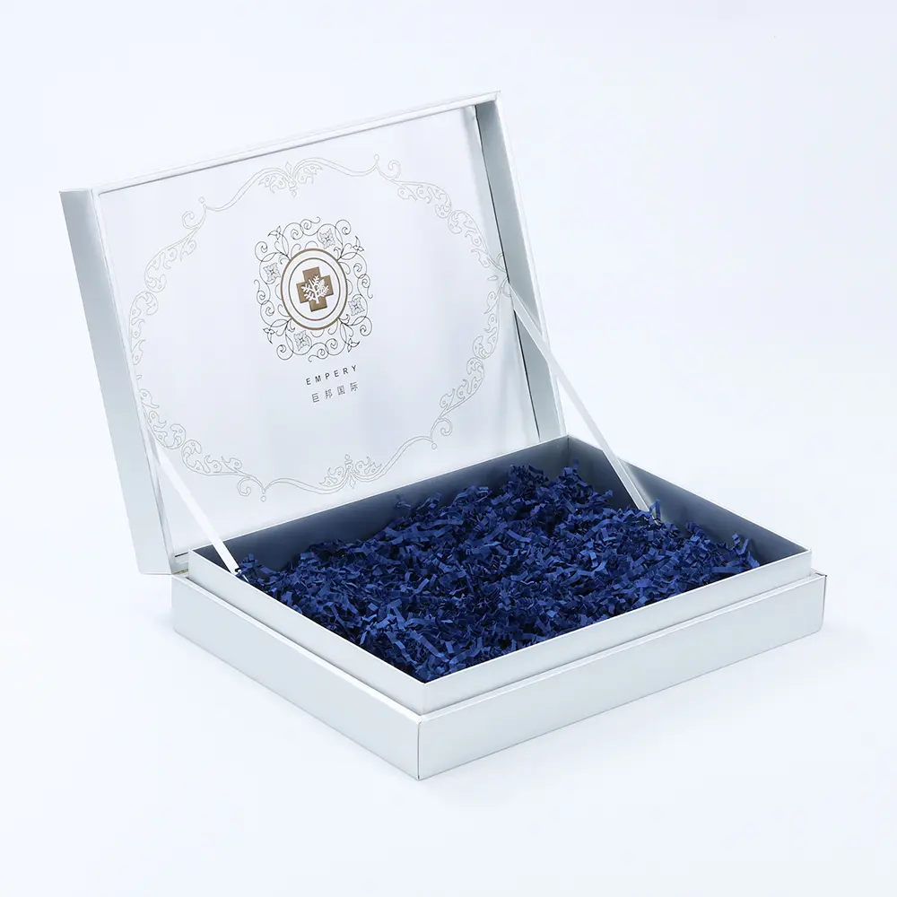 Customized Silver Paper Gift Box With Crinkle Paper Cushion